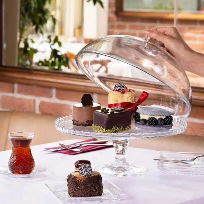 کیک خوری پایهدار با درب فرفری پاشاباغچه Patisserie کد 95200 شیشهای اصل ترکیه
